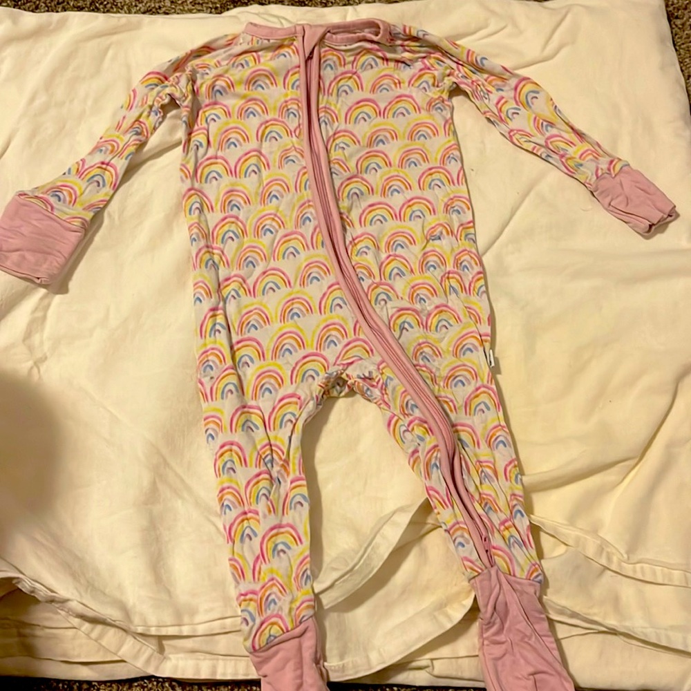 Little Sleepies Zippy PJ. Pink rainbow print 3-6m